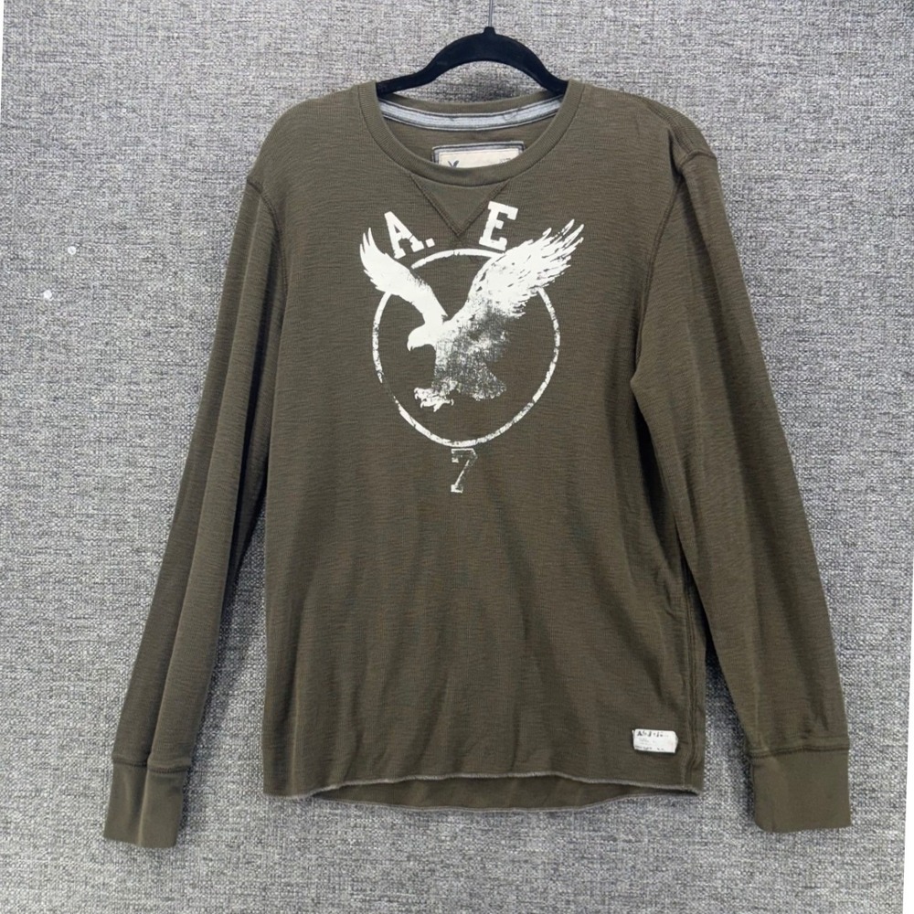American Eagle Waffle Mens Thermal Knit M Y2K Olive Green Military Streetwear